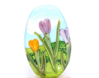 Artisan Lampwork Glass Bead Focal, landscape, spring, crocus, tulip, flower, floral, garden, meadow, blue, green, purple, yellow, orange