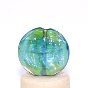 Handmade Artisan Lampwork Glass Bead Focal, lentil, blue, green, silverglass, metallic shine, metallic shimmer, ocean, sea, water, wave