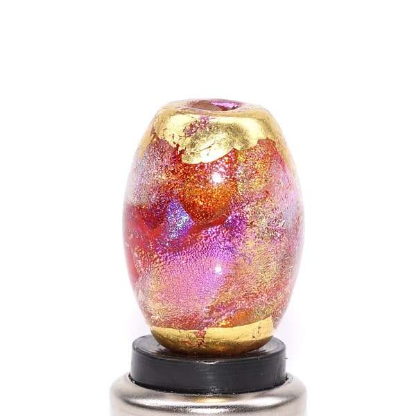 Perla di vetro murano artigianale con foro grande Focale, dicroico, dicroico, foglia d'oro, rosa caldo, rosa, arancione, viola, rosso, rame, barile