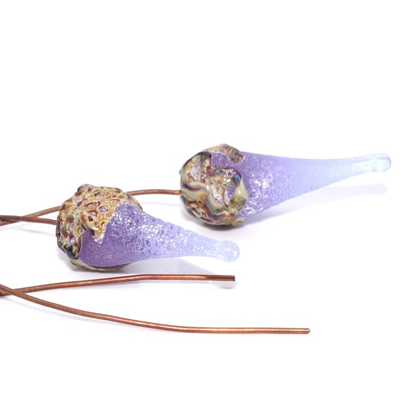 Handmade Artisan Lampwork Glass Bead Hat Pin Pair, color changing glass, purple, lavender, lilac, brown, matte, rustic, drop, art glass