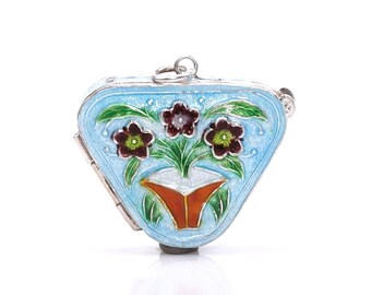 médaillon vintage en argent sterling émaillé avec fleurs, pendentif, floral, bleu, orange, violet, vert, fait main, pot de fleur, vase de fleur