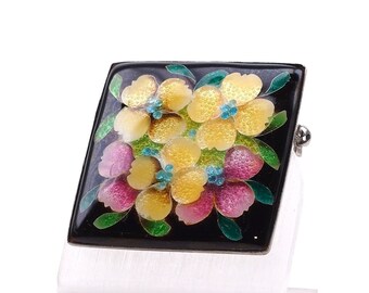 Vintage Cloisonne Enamel Brooch Pin, with flowers, floral, rhodium plated, black, yellow, pink, green, square, vitreous enamel, silver foil