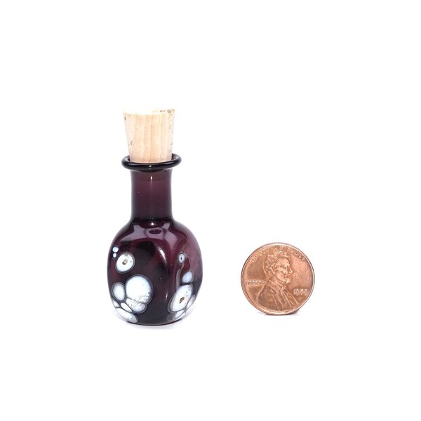Vintage Small Glass Bottle with Kork Miniature for Dollhouse, wine red, white, Dollhouse Miniature, handmade, lampwork, vessel, tiny, claret