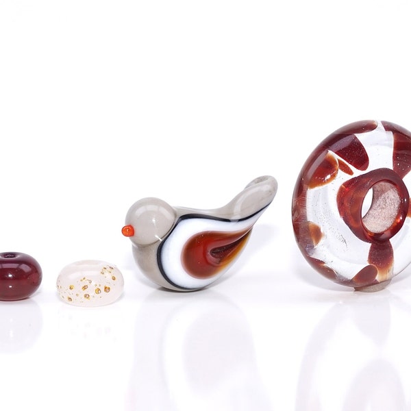 Destash Handmade Artisan Lampwork Glass Beads Focals Spacers Pendants, Orphans, bird, brown, gray, bargain sale, reduced prices, spring