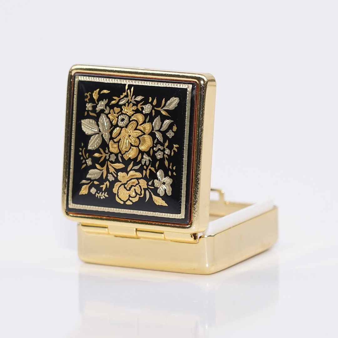Vintage Spanish Pill Box With Flowers, Jewelry Box, Trinket Box, Pill Box, Square, Damascene