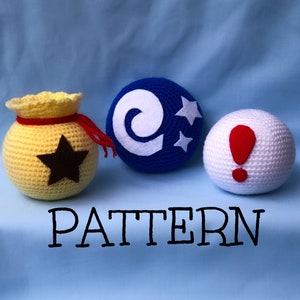 May include: Crochet pattern for three Animal Crossing characters: a yellow money bag, a blue swirl with stars, and a white exclamation point. The pattern is titled "PATTERN".