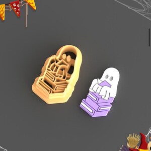 May include: Two cookie cutters, one shaped like a ghost reading a stack of books and the other shaped like a stack of books.