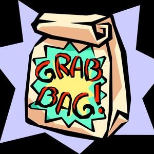 May include: A brown paper bag with a yellow starburst and the words "Grab Bag!" in red letters.
