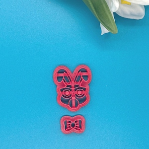 Rabbit blowing bubble Polymer clay cutter set, 2pc with bow, bubblegum