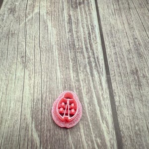 May include: A pink plastic ladybug cookie cutter. The cutter has a detailed design with a raised head and spots.