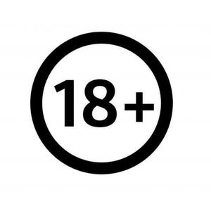 May include: A black and white graphic featuring the text "18+" inside a black circle. The number 18 is followed by a plus sign, indicating an age restriction. The image is set against a plain white background.