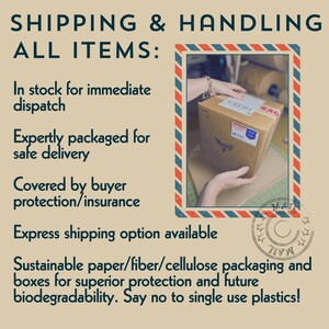 May include: A beige informational graphic with dark blue text titled SHIPPING & HANDLING ALL ITEMS. It lists details about dispatch, packaging, insurance, and shipping options, alongside a photo of a brown cardboard box with a moth logo.