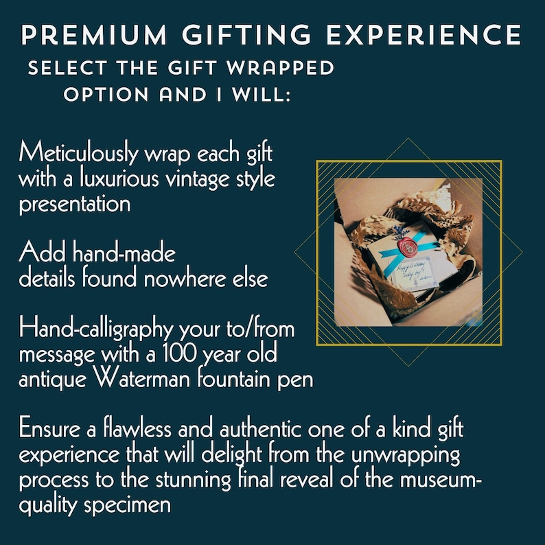 May include: A dark teal informational graphic with white text reading PREMIUM GIFTING EXPERIENCE, SELECT THE GIFT WRAPPED OPTION AND I WILL, and details about gift wrapping services. An inset square shows a gift box with blue ribbon and a red wax seal.