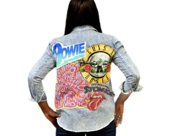 Oversized Light Wash Denim Button Down With Mixed Rock Band T-Shirt Patch