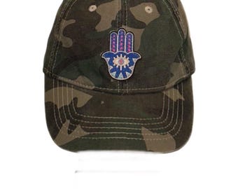Gorra de béisbol con estampado de camuflaje lavado, parche de Hamsa bordado, efecto vintage, estilo camionero.
