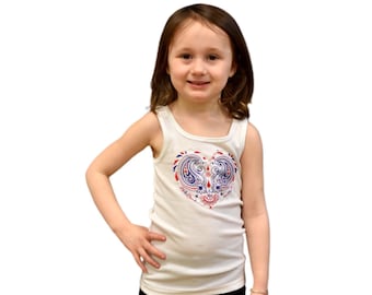 Kid's, White Tank Top, Bandanna Heart Patch, Embroidered Applique, Paisley Design