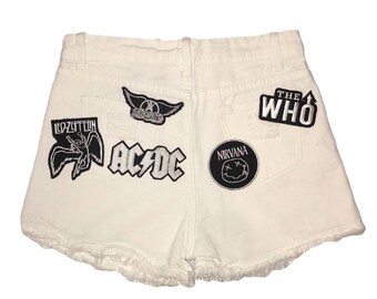 White Denim, Shorts, Assorted Patches, Black & White, Rock N' Roll