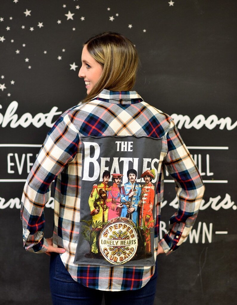 Plaid Flannel With Rock Band Tshirt Patch Etsy