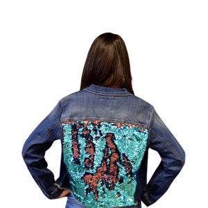 Adult's Denim Jacket With Reversible Pink/Turquoise Sequin Back Panel