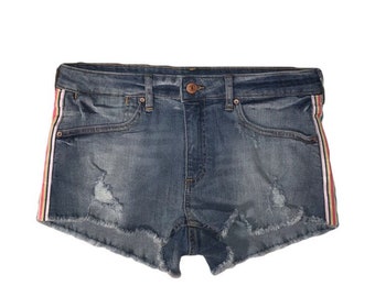 Medium Wash Denim Shorts: Distressed Cutoff, Pastel Stripe Trim