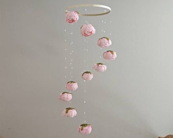 Pink Peony Baby Girl Mobile - Handmade - Floral Crib Mobile - Blush Crib Mobile - Spiral Mobile with Light Pink and White Flowers