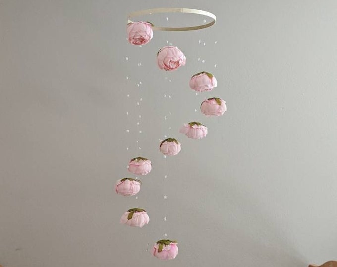 Pink Peony Baby Girl Mobile - Handmade - Floral Crib Mobile - Blush Crib Mobile - Spiral Mobile with Light Pink and White Flowers