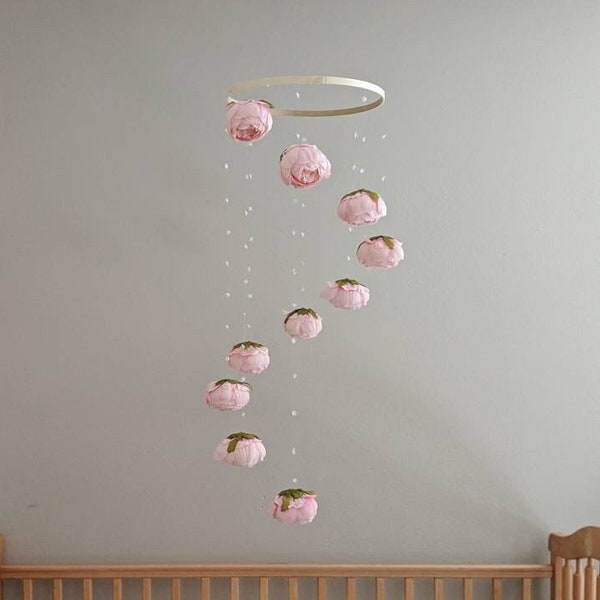 Pink Peony Baby Girl Mobile - Handmade - Floral Crib Mobile - Blush Crib Mobile - Spiral Mobile with Light Pink and White Flowers