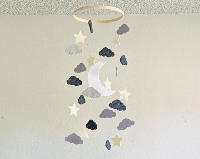 DIY Felt Mobile Kit - Moon Stars and Cloud Cutouts With A Hoop and String - Do It Yourself Fabric Crib Mobile