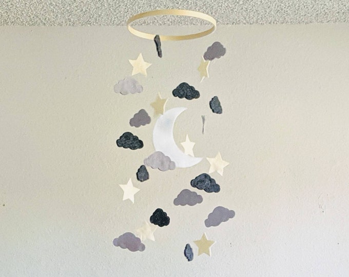 Moon Star and Cloud Baby Mobile - Felt Crib Mobile - Night Sky Infant Mobile - Fabric Cut Out Baby Mobile