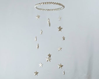 Needle Felted Baby Mobile - Cream Star Decor- Wooden Bead Hoop - Night Sky Theme Nursery - Gender Neutral Nursery - Natural Wood and Wool