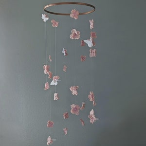 Light Pink Floral Baby Mobile with Butterflies - Hanging Felt Butterfly Decoration - Pink Flower Crib Mobile - Flowery Nursery Decor