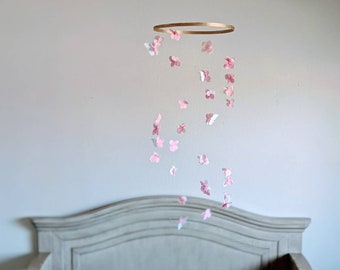 Baby Girl Floral Mobile - Felt Butterfly Mobile - Spiral Baby Mobile - Pink Flower Crib Mobile - White Nursery Decor - Spinning Baby Decor