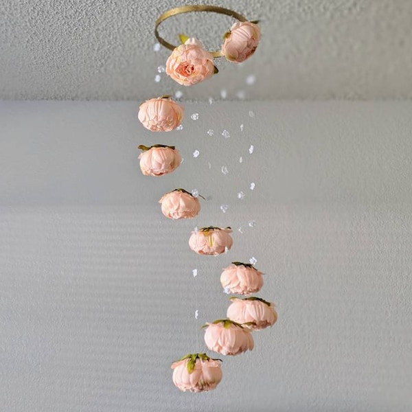 Pastel Orange Baby Mobile - Handmade Hanging Decor with Peach Peonies and White Baby's Breath