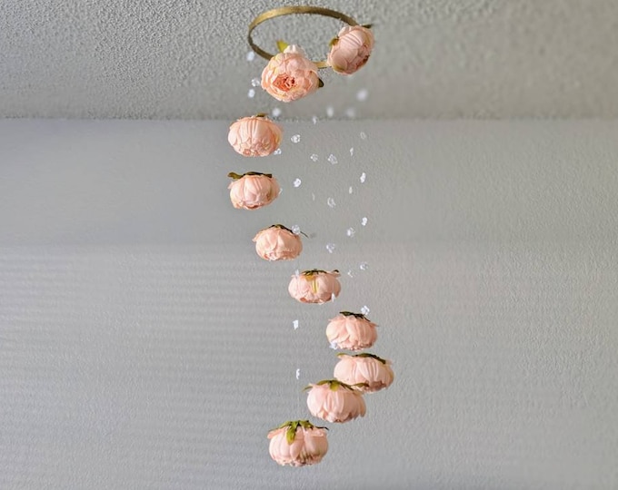 Pastel Orange Baby Mobile - Handmade Hanging Decor with Peach Peonies and White Baby's Breath