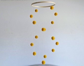 DIY KIT for the Natural Puff Ball Mobile in Mustard Yellow - Baby Mobile with Spinning Balls - Yellow Nursery Decor - Gender Neutral Hanging