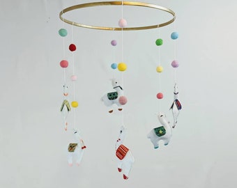Colorful Felt Llama Mobile - Pom Pom Baby Mobile - White Alpaca Crib Mobile - Gender Neutral Infant Mobile - Soft Fabric Baby Mobile