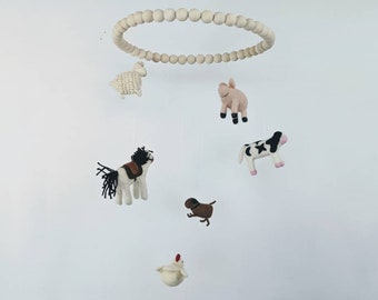 Farm Mobile for the Woodland Nursery - Plush Wool Animals - Soft Farm Animals - Needle Felted Hen Cow Pig Dog Sheep and Horse - Baby Mobile