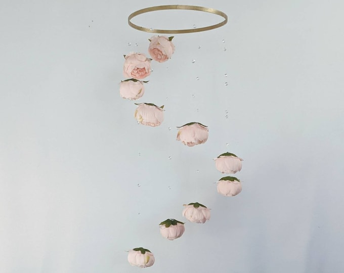 Blush Pink Peony Baby Girl Mobile - Handmade - Floral Crib Mobile with Sparkling Gems - Blush Crib Mobile - Spiral Mobile with Tiny Crystals