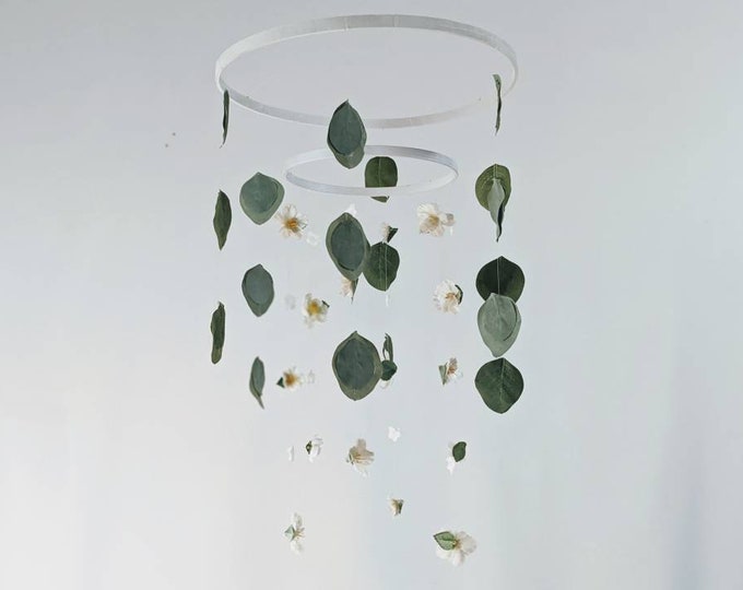 Flower Chandelier for the Floral Themed Nursery - Garden Theme Baby Girl Mobile - Spinning Leaves with Blossoms - Boho Baby Room Decor