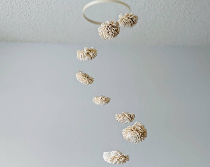 Straw Rose Baby Mobile for the Woodland Nursery - Wood Nursery Decor - Natural Crib Mobile - Sola Flower Hanging for the Baby Girl Nursery