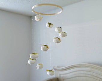White Peony Baby Mobile with Rhinestones – Handmade Floral Nursery Decor
