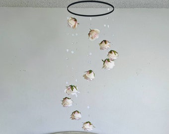 Pink Rose Baby Mobile with Crystals and Black Hoop - Boho Nursery Decoration - Flower Crib Mobile - Rose Nursery Decor - Cot Mobile Hanging