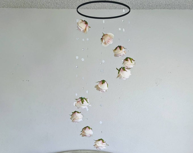 Pink Rose Baby Mobile with Crystals and Black Hoop - Boho Nursery Decoration - Flower Crib Mobile - Rose Nursery Decor - Cot Mobile Hanging