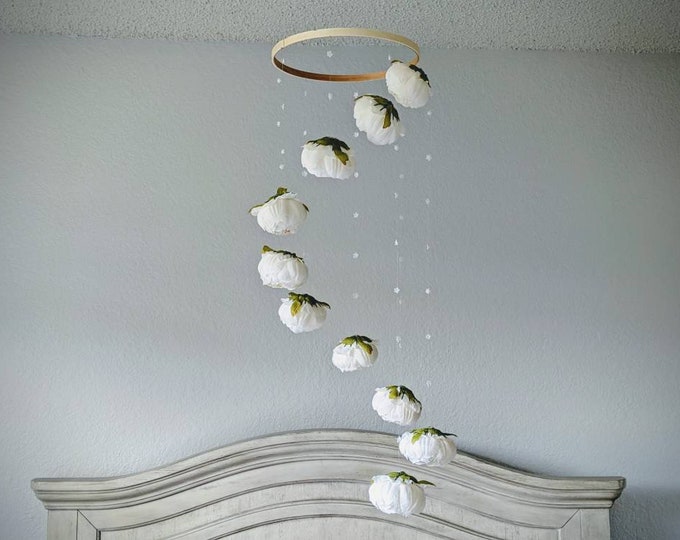 White Peony Baby Mobile - Handmade Nursery Decor- Floral Mobile - Cream Crib Mobile - Spinning Mobile