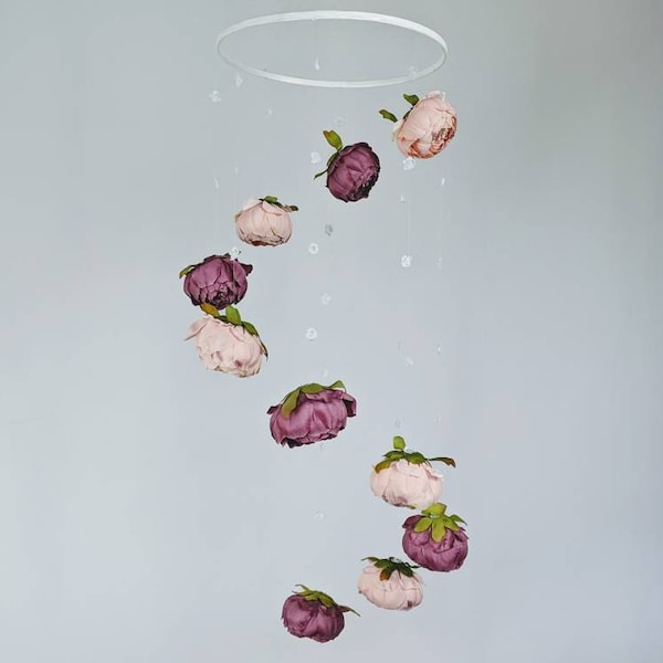 Magenta and Pink Baby Girl Mobile with Baby's Breath - Handmade Peony Decorative Hanging - Nursery Flower Decor - Spinning Modern Hoop