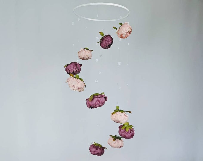 Magenta and Pink Baby Girl Mobile with Baby's Breath - Handmade Peony Decorative Hanging - Nursery Flower Decor - Spinning Modern Hoop
