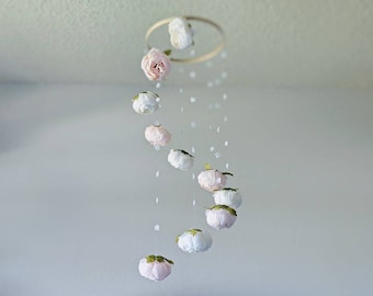 Handmade Peony Baby Mobile – Ice Pink and White Floral Crib Decor