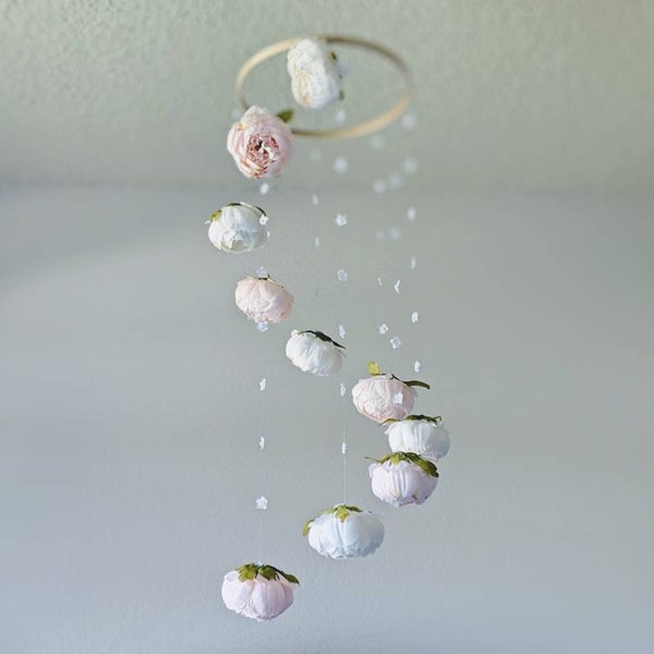 Ice Pink and White Peony Mobile - Handmade Baby Girl Mobile - Floral Crib Mobile - Pink Cot Mobile - Mobile de Bebe - Flower Baby Mobile