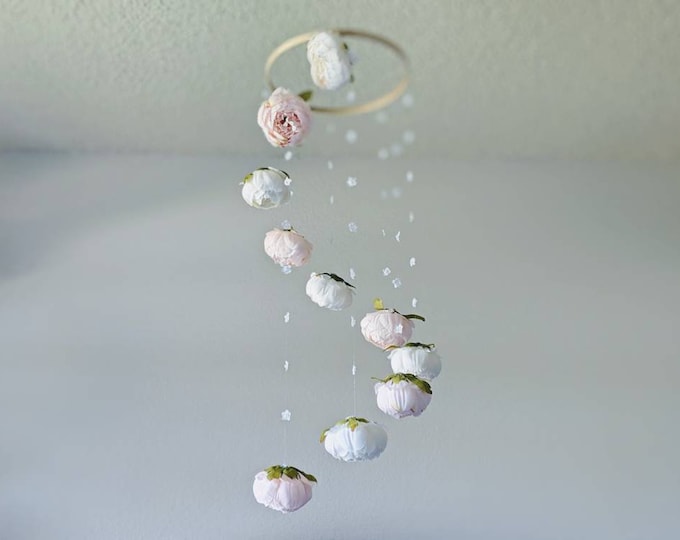 Ice Pink and White Peony Mobile - Handmade Baby Girl Mobile - Floral Crib Mobile - Pink Cot Mobile - Mobile de Bebe - Flower Baby Mobile