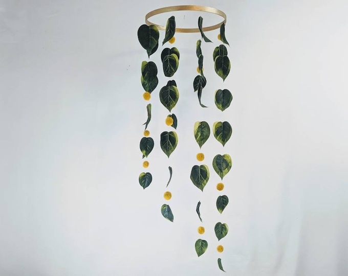 Long Leaf Mobile with Mustard Puffs - Large Baby Mobile - Jungle Leaf Mobile - Jungle Mobile - Leafy Crib Mobile - Jungle Theme Nursery